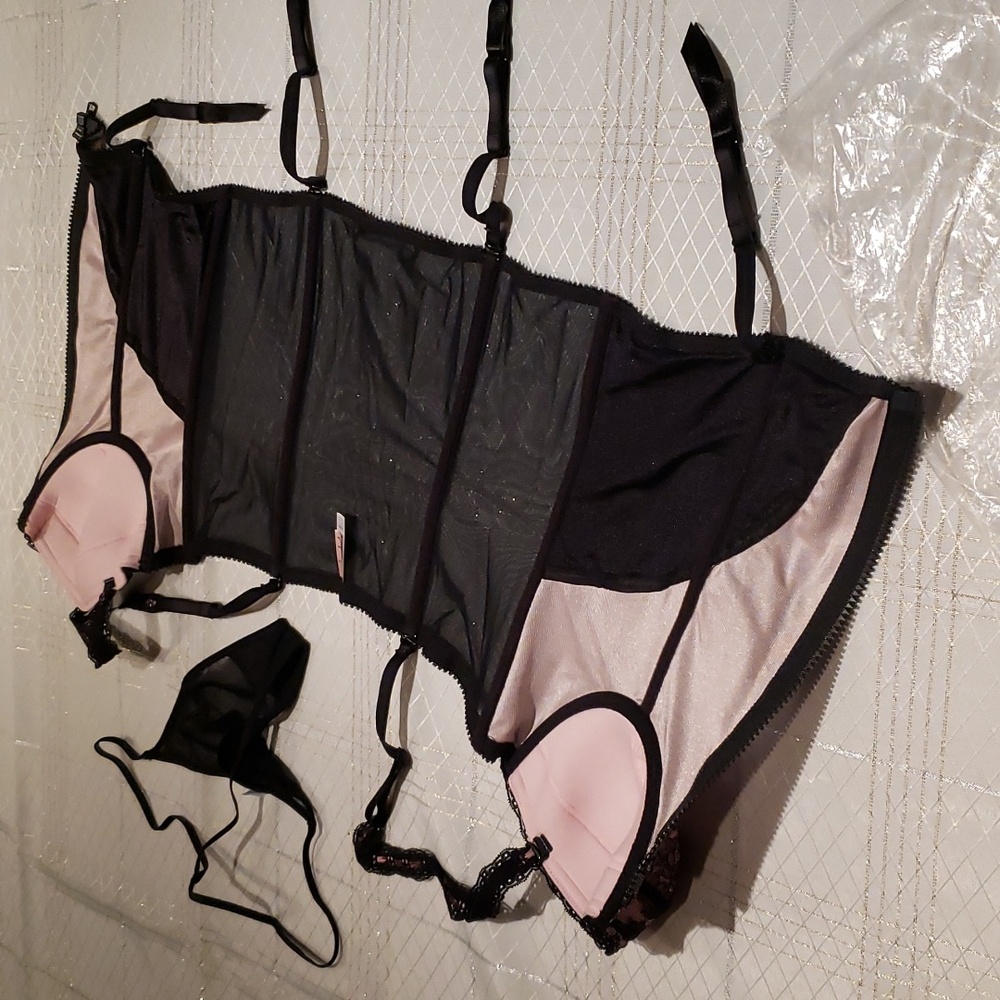 Felina Jezebel NEW Lust Bustier 2-piece Corset G-String Thong BLACK Women L Sexy - Picture 12 of 16